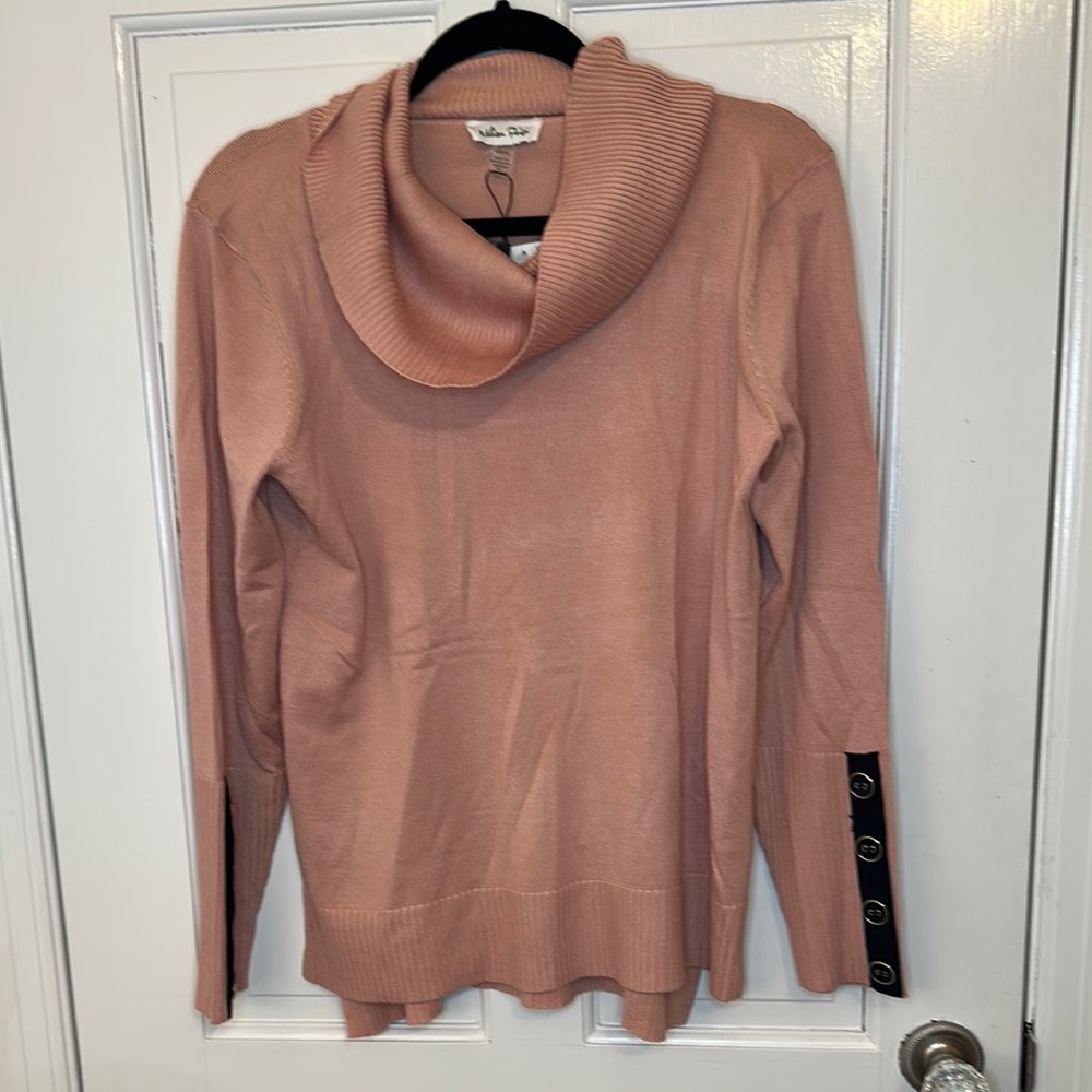 Melissa Paige Pink Sweater with Black Button Sleeve Detail‎ size L NWT